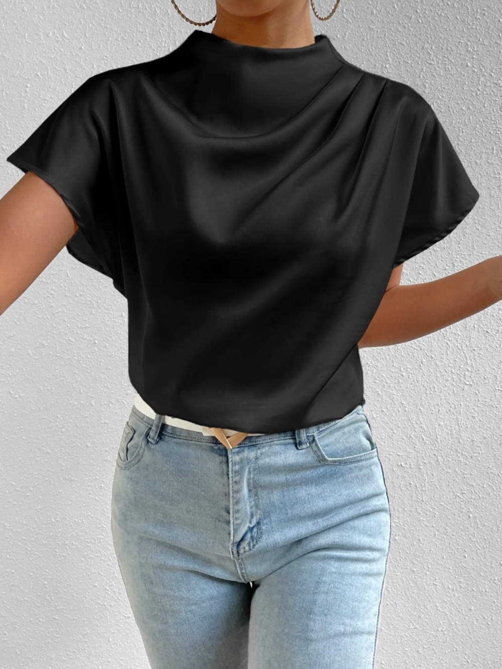 Black Satin Draped Blouse Top